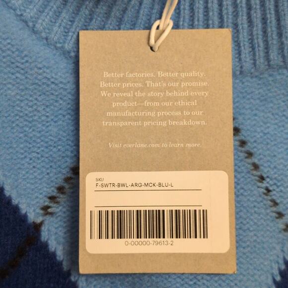 NWT Everlane Blue Navy Argyle Mock Turtleneck Wool Pullover Sweater Size L - Picture 10 of 12